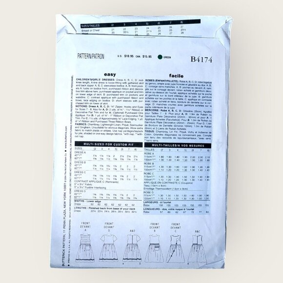 Vintage Butterick Sewing Pattern B4174 Girls Dresses Size 2-5 Uncut Factory Fold - Picture 2 of 2